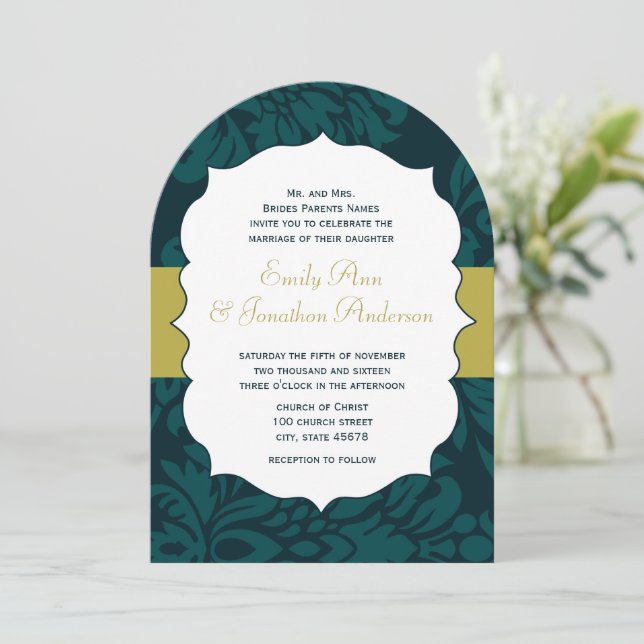 Modern Teal Aqua och Lime Damask Wedding Inbjudan (Stående Fram)