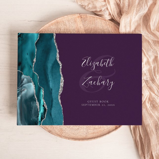Modern Teal Blå Agat Silver Skrift Purpur Gästböcker (Skapare uppladdad)