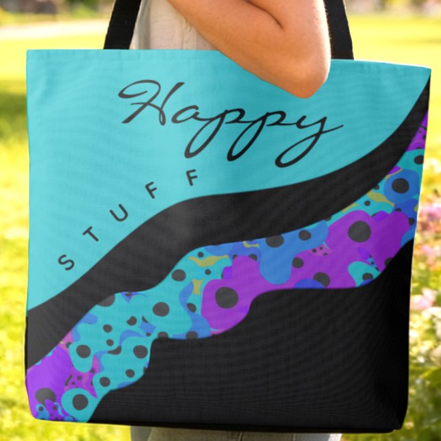 Modern Teal Black And Purple Wave Tygkasse (Teal, purple and blue with black dots and custom words make this bag fun to carry around anywhere)