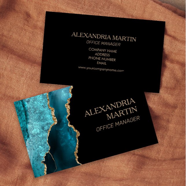 Modern Teal Black Guld Glitter Marble Visitkort (Teal, black, and gold marble business card )