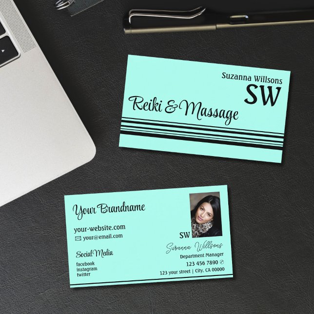Modern Teal Black Rand med Monogram och foto Visitkort (Skapare uppladdad)