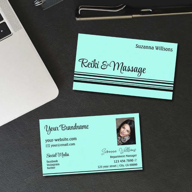 Modern Teal Black Rand med Photo Professionell Visitkort (Skapare uppladdad)