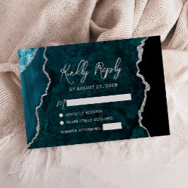 Modern Teal Blue Agate Silver Script Wedding RSVP OSA Kort