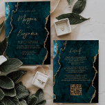 Modern Teal Blue Agate-skript QR-kod Bröllop Inbjudningar<br><div class="desc">Den här inbjudan från elegant bröllop innehåller en bakgrundsbild av färgblått vattenfärgat färgagat trimmat med faux guld glitter. Anpassadet kombinerar modern handskrift, tryckplåt och kursivt typsnitt med guld-färgad. På baksidan finns utrymme för bröllop-information på en matchande bakgrunden för teal agate, tillsammans med en QR-kodgäst som kan söka på webbplatsen och...</div>