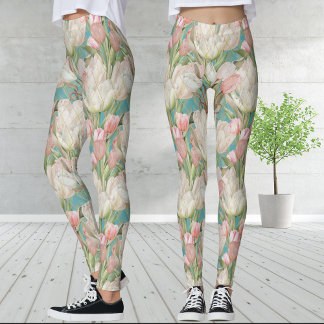 Modern Teal Blue Elegant Tulies med Guld Mönster Leggings