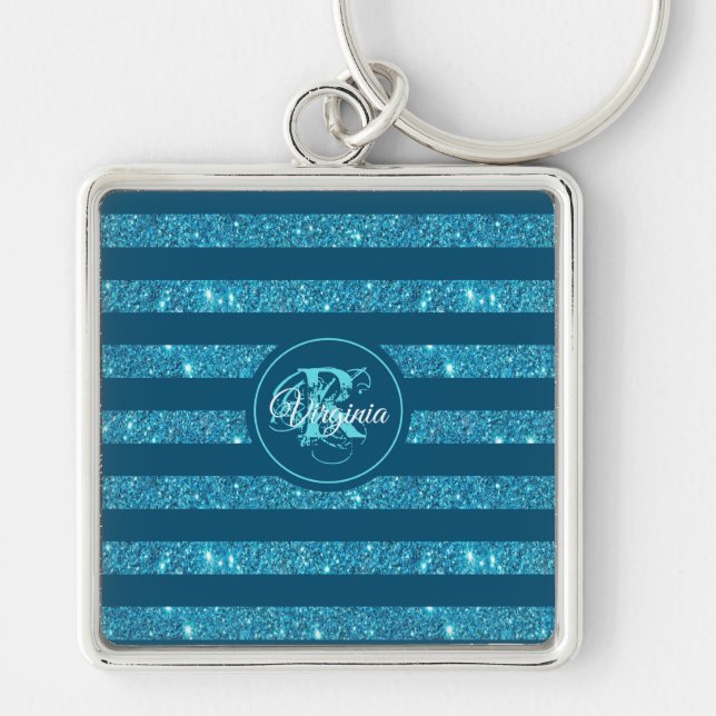 Modern Teal Blue Glitter Stripe Monogram Fyrkantig Silverfärgad Nyckelring (Framsidan)