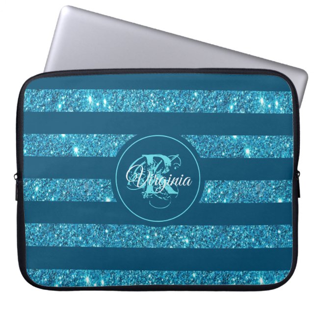 Modern Teal Blue Glitter Stripe Monogram Laptop Fodral (Framsidan)