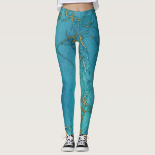 Modern Teal Blue Gold Foil Marble Mönster Leggings