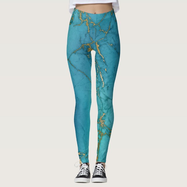 Modern Teal Blue Gold Foil Marble Mönster Leggings (Framsida)