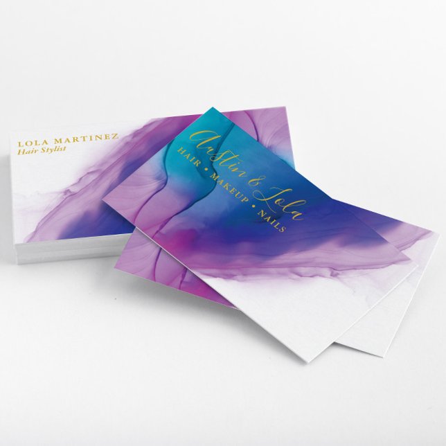 Modern Teal Blue Lila Abstrakt Art Visitkort (Stacked Modern Teal Blue & Purple Professional Business Cards—Front & Back)