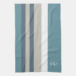 Modern Teal Blue och Tan Stripe-Personlig Kökshandduk