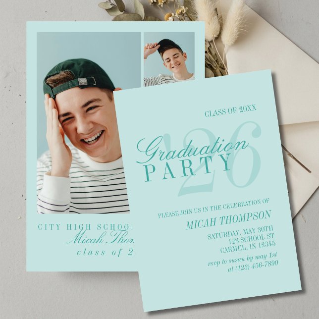 Modern Teal Blue Photo Graduation Party Inbjudningar (Modern Teal Blue Photo Graduation Party Invitation)