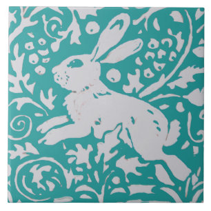 Modern Teal Blue Rabbit Leaping Bunny Nature Decor Kakelplatta