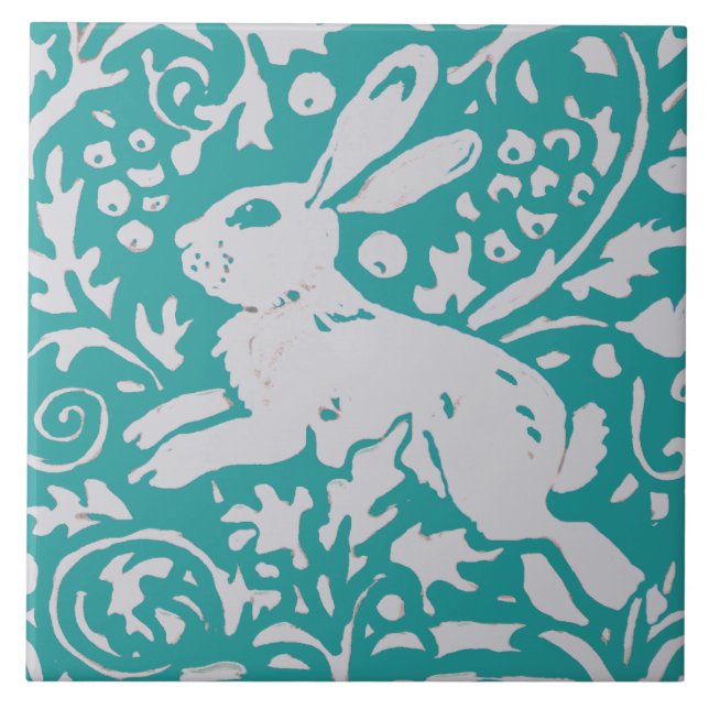 Modern Teal Blue Rabbit Leaping Bunny Nature Decor Kakelplatta (Framsidan)
