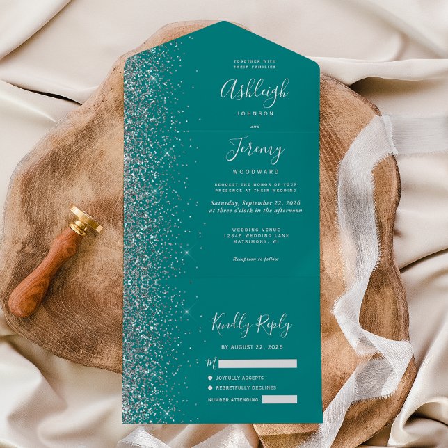 Modern Teal Blue Silver Glitter Bröllop (Skapare uppladdad)