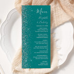 Modern Teal Blue Silver Glitter Kant Bröllop Meny<br><div class="desc">Den moderna bröllop-menyn på den lämnat kant i eleganten har en silver faux glitter-design. Anpassadet kombinerar handskrift,  tryckplåt och kursivt typsnitt med handskrift av silver grått på en helblå bakgrund. Den omvända sidan har en passande teal- och silver glitter-design.</div>