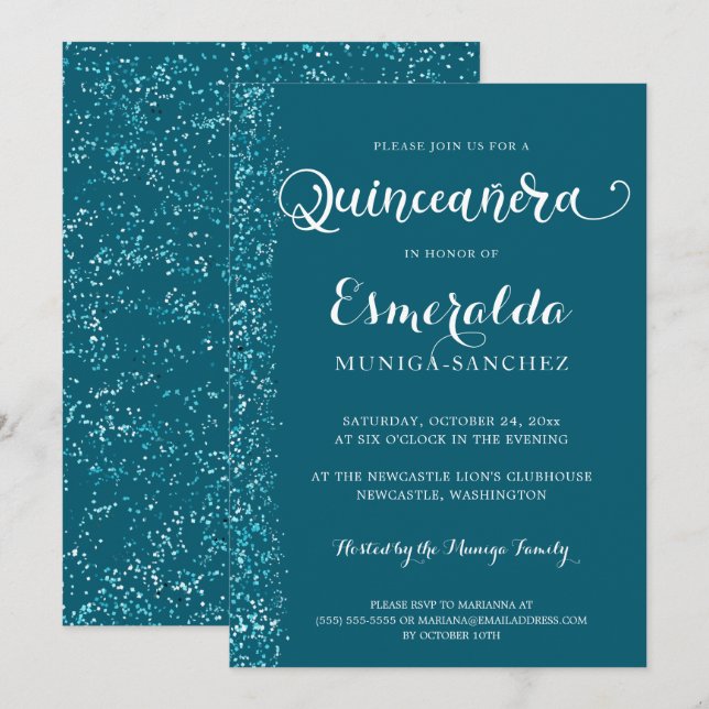 Modern Teal Blue Silver Gnistra Quinceanera Inbjudningar (Fram/baksida)