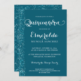 Modern Teal Blue Silver Gnistra Quinceanera Inbjudningar