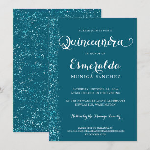 Modern Teal Blue Silver Gnistra Quinceanera Inbjudningar