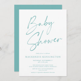 Modern Teal Blue Simple Script Baby Shower Inbjudningar