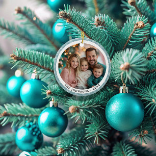 Modern Teal Blue Snöflingor Round Family 2 Side Julgransprydnad Keramik