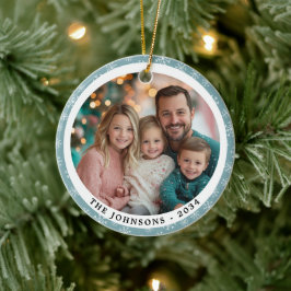 Modern Teal Blue Snöflingor Round Family Photo Julgransprydnad Keramik
