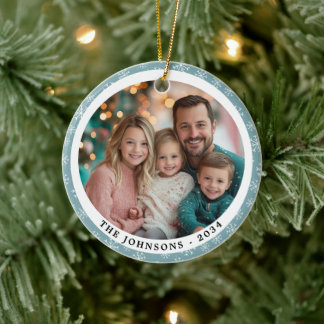 Modern Teal Blue Snöflingor Round Family Photo Julgransprydnad Keramik
