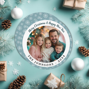 Modern Teal Blue Snöflingor Round Helgdag Photo Julkort