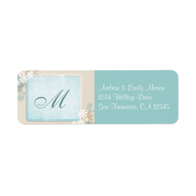 Modern Teal Blue & Tan Blommigt Monogram Adress La Returadress Etikett (Framsidan)