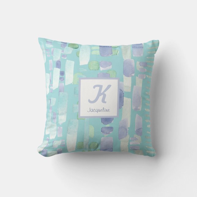 Modern Teal Blue Watercolor Penseldrag Monogram Kudde (Framsida)