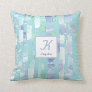 Modern Teal Blue Watercolor Penseldrag Monogram Kudde