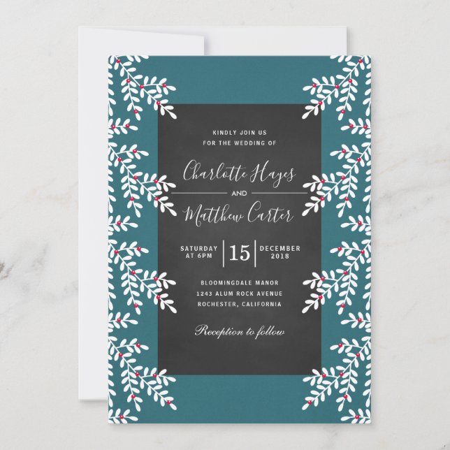 Modern Teal Blue Winter Wedand Chalkboard Inbjudningar (Framsida)