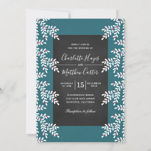 Modern Teal Blue Winter Wedand Chalkboard Inbjudningar