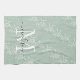 Modern Teal Botanical Löv Monogram Script Namn Kökshandduk