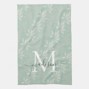 Modern Teal Botanical Löv Monogram Script Namn Kökshandduk
