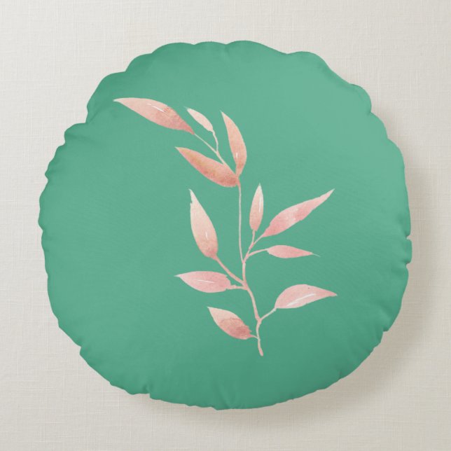 Modern Teal Botaniska Blad Dekorativ Kastrull  Rund Kudde (Framsidan)