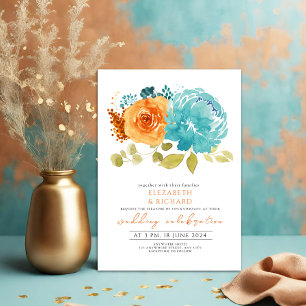 Modern Teal Burnt Orange Marigold Blommigt Bröllop Inbjudningar