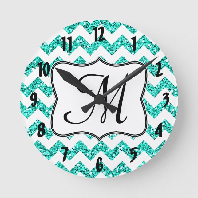 Modern Teal Chevron Monogram första väggklocka (Framsida)