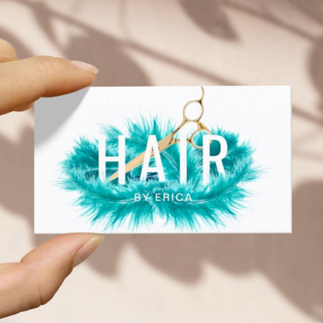 Modern Teal Feather & Guld Scissor Hair Salon Visitkort (Skapare uppladdad)
