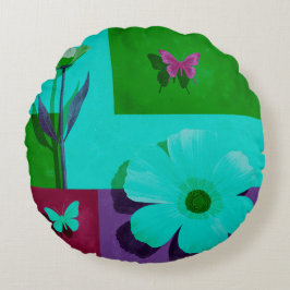 Modern Teal Floral Garden Round Pouf Rund Kudde