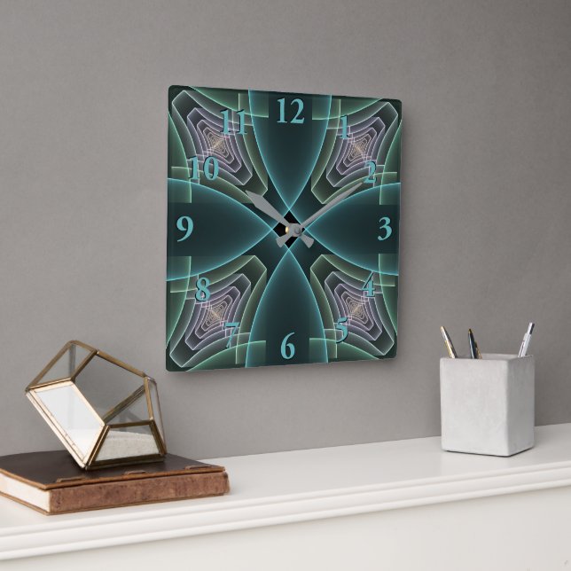 Modern Teal Geometrisk Fraktal Konst Grafik Fyrkantig Klocka (Kontor)