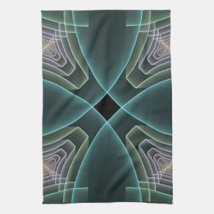 Modern Teal Geometrisk Fraktal Konst Grafik Kökshandduk