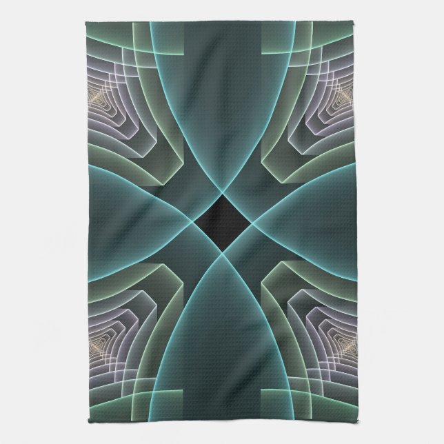 Modern Teal Geometrisk Fraktal Konst Grafik Kökshandduk (Vertikal)
