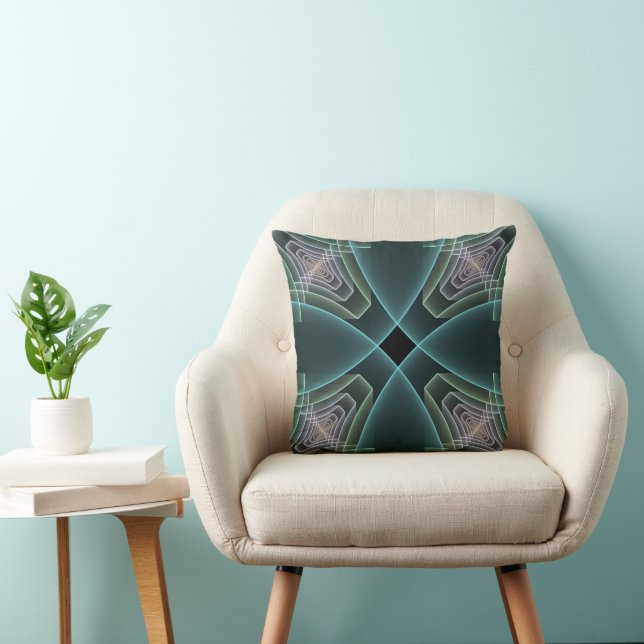 Modern Teal Geometrisk Fraktal Konst Grafik Kudde (Stol)