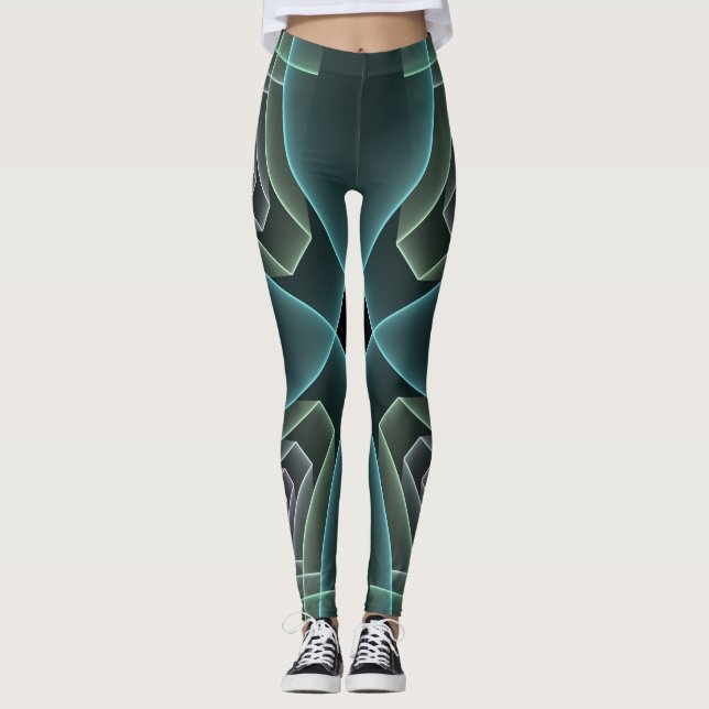 Modern Teal Geometrisk Fraktal Konst Grafik Leggings (Framsida)