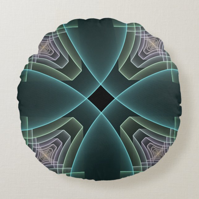 Modern Teal Geometrisk Fraktal Konst Grafik Rund Kudde (Framsidan)