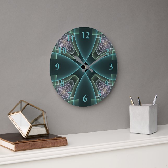 Modern Teal Geometrisk Fraktal Konst Grafik Stor Klocka (Kontor)