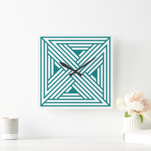 Modern Teal Geometrisk Linje Konst Abstrakt Mönste Fyrkantig Klocka (Hem)