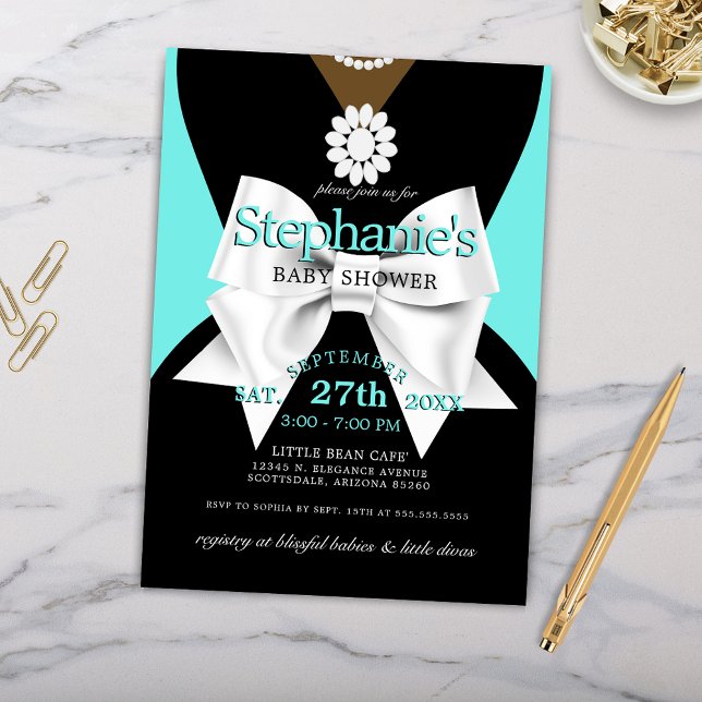 Modern Teal Glam Ethnic Tiffany Baby Shower Inbjudningar (Ethnic Elegant Baby Shower Invitation with Pearls Bow and Tiffany Theme Dark Skin Tones)