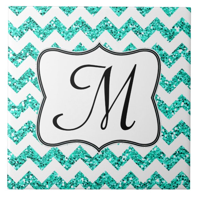 Modern Teal Glitter Chevron Monogram Visning Tile Kakelplatta (Framsidan)